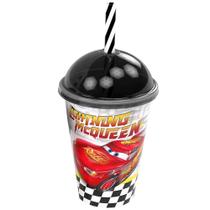 Copo 280ml com Canudo e Tampa Infantil Carros Relâmpago Mcqueen Plasútil