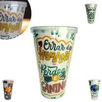 Copo 500ml C/ Tampa E Canudo Acrílico Estampas Cores Cristal Copo 500ml C/ Tampa E Canudo Acrílico Estampas Cores Cristal