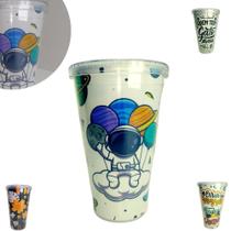Copo 500ml C/ Tampa E Canudo Acrílico Estampas Cores Cristal