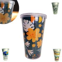Copo 500ml C/ Tampa E Canudo Acrílico Estampas Cores Cristal