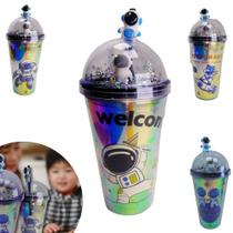 Copo 500ml Canudo Luzes Led Cores Festa Infantil Astronauta