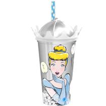 Copo 500ml com Canudo e Tampa de Coroa Cinderela para Refri e Suco Infantil