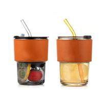 Copo c/ canudo vidro detalhe couro 380ml