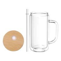 Copo Caneca 530ml De Vidro Com Canudo E Tampa De Bambu