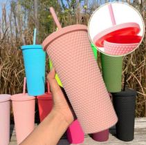 Copo Canudo 720Ml Tampa Parede Diamante Dupla Fosco Plástico