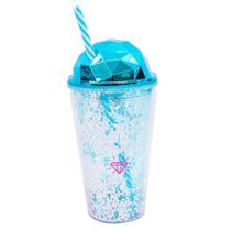 Copo Canudo Azul Glitter Brilhe Como Um Diamante 450ml