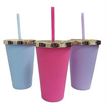 Copo Canudo Parede Dupla 475Ml Plástico Fosco Metalizado