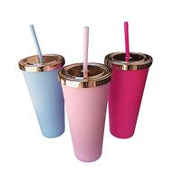 Copo Canudo Parede Dupla 650 Ml Plástico Fosco Metalizado