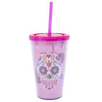 Copo Canudo Rosa Caveira 450ml - Projeto Kiwi