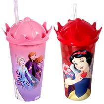 Copo com canudo e Coroa Infantil Princesas Branca de Neve e Frozen 500ML