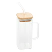 Copo Com Canudo em Vidro Tampa Bambu Incolor 400ml - Quanhe