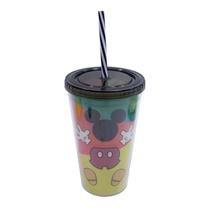 Copo com canudo formato mickey colorido 450ml 90 anos - disney