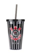 Copo com Canudo Listrado Corinthians 450ml Oficial Copo com Canudo Listrado Corinthians 450ml Oficial