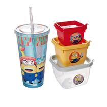 Copo com Canudo Minions Malvado Favorito Refrigerante Kit 3 Potes Conect Quadrado Plasutil Ideal Lanche Escolar Infantil com Personagem