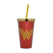Copo com Canudo Wb DC Or WW Shinny Logo Amarelo 500ml