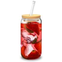 Copo Com Tampa De Bambú E Canudo de Vidro 450ml