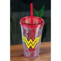 Copo com Tampa e Canudo Transparente Wonder Woman Logo