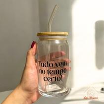 Copo de Café com Tampa de Bambú C/ Canudo de Vidro 470ml Frases Motivacionais