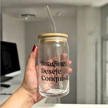 Copo de Café com Tampa de Bambú C/ Canudo de Vidro 470ml Frases Motivacionais