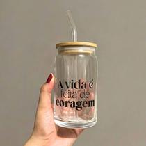 Copo de Café com Tampa de Bambú C/ Canudo de Vidro 470ml Frases Motivacionais