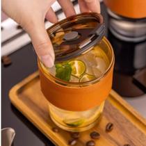 Copo de Drink Frio ou Quente Vidro Canudo Tampa Detalhe Couro 400ml