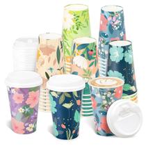 Copo de papel descartável BYMIOYA 480mL 48 peças com tampas florais Copo de papel descartável BYMIOYA 480mL 48 peças com tampas florais