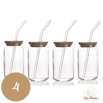 Copo de Vidro 500ml com Tampa Bambu e Canudo Reutilizável para Bebidas Geladas