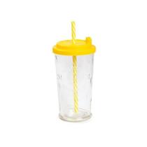 Copo de Vidro Amarelo 450ML com Tampa e Canudo para Sucos Refrigerantes e Refrescos
