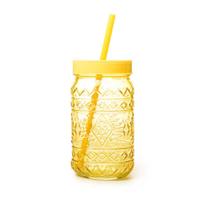 Copo de Vidro Amarelo Detalhe Étnico 400ml com Tampa e Canudo para Sucos Refrigerantes e Refrescos
