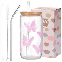 Copo de vidro ANABIUP com tampa de borboleta e canudo 470 ml Copo de vidro ANABIUP com tampa de borboleta e canudo 470 ml