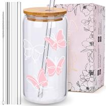 Copo de vidro BIPEDS Butterfly Design com tampa e canudo, conjunto de 3