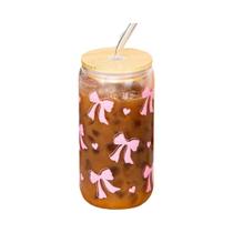 Copo De Vidro Cherry Bow 500ml 16.9oz Em Forma De Jarro Mason Com Tampa E Canudo Para Café Gelado E