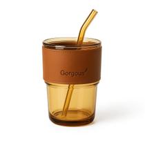 Copo de Vidro Com Canudo 450ml Com Couro Marrom