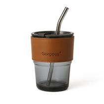 Copo de Vidro Com Canudo 450ml Com Couro - Preto Copo de Vidro Com Canudo 450ml Com Couro - Preto