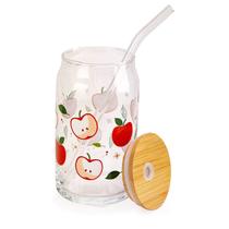 Copo de Vidro com Canudo Tampa de Bambu Frutas