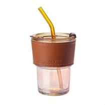 Copo de Vidro com Capa Protetora e Canudo Reutilizável Estilo Café Modelo Amarelo Copo de Vidro com Capa Protetora e Canudo Reutilizável Estilo Café Modelo Amarelo