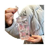 Copo De Vidro Com Laço Fofo De 500ml, Garrafa De Água Tipo Mason Jar Com Tampa E Canudo Para Café