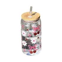 Copo De Vidro Com Laço Fofo De 500ml, Garrafa De Água Tipo Mason Jar Com Tampa E Canudo Para Café