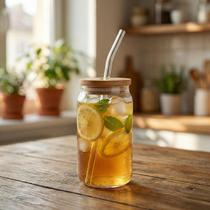 Copo de Vidro com Tampa de Bambu e Canudo de Vidro 500 ML Drinks Caipirinha Smoothie Café Caneca Redondo Lata