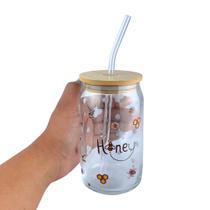 Copo De Vidro Com Tampa De Bambu Hermético "Abelha" Com Canudo - NYBC
