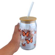 Copo De Vidro Com Tampa De Bambu Hermético "Borboleta 2" Com Canudo - NYBC