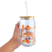 Copo De Vidro Com Tampa De Bambu Hermético "Capivara 1" Com Canudo - NYBC