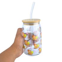 Copo De Vidro Com Tampa De Bambu Hermético "Capivara 3" Com Canudo - NYBC