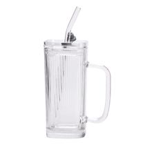 Copo de Vidro Com Tampa e Canudo 250ml Caneca Vidro Canelado Frisado