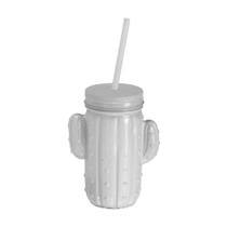 Copo De Vidro Com Tampa e Canudo Cactos Branco 400 Ml - MILK