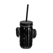 Copo De Vidro Com Tampa e Canudo Cactos Preto 400 Ml - MILK