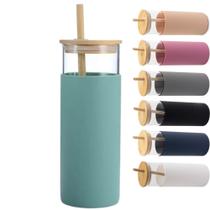 Copo de Vidro com Tampa e Canudo de Bambu Capa de Silicone Antiderrapante
