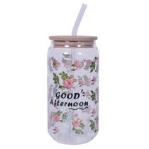 Copo De Vidro com Tampa E Canudo Flor Good Afternoon 600ml