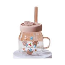 Copo De Vidro De 500ml Com Desenho De Urso, Tampa, Canudo E Alça, Caneca De Água De Borossilicato