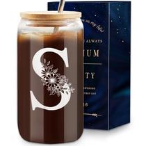 Copo de vidro Elysine Initial 473 mL com tampa, canudo com monograma Copo de vidro Elysine Initial 473 mL com tampa, canudo com monograma